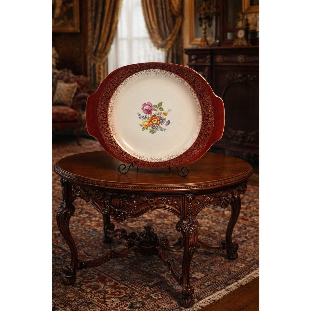 Limoges‎ Triumph Meissen Rose 22KT Gold Platter Large maroon Victorian Tea Party